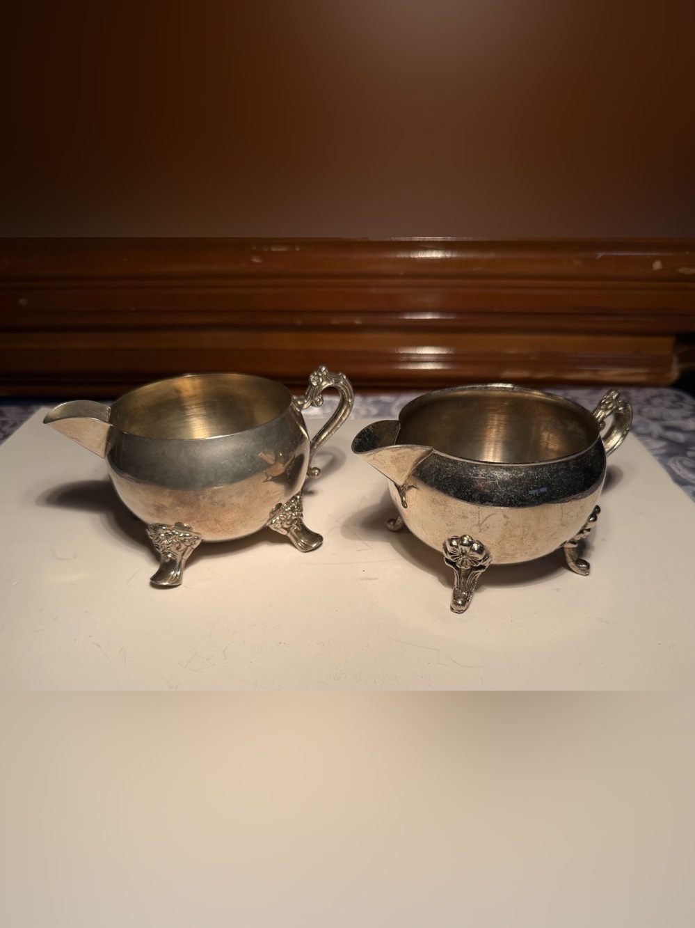 Vintage Silver-plated Footed Creamer Pitchers Ornate Scroll Handles 2 Pieces